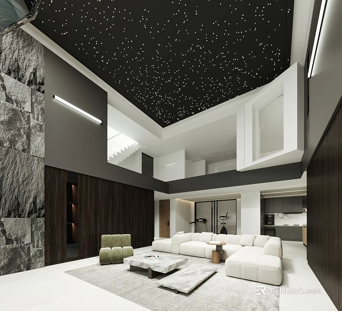 Modern Basement Interior With Starry Sky Ceiling Open Layout Sofa Marble Wall And Wooden Panels 3d model 