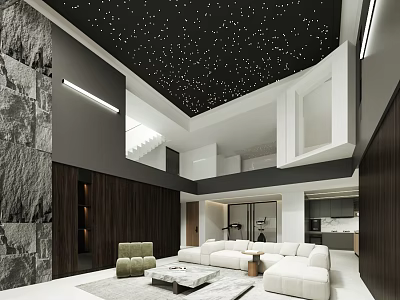 Modern Basement Interior With Starry Sky Ceiling Open Layout Sofa Marble Wall And Wooden Panels 3d model