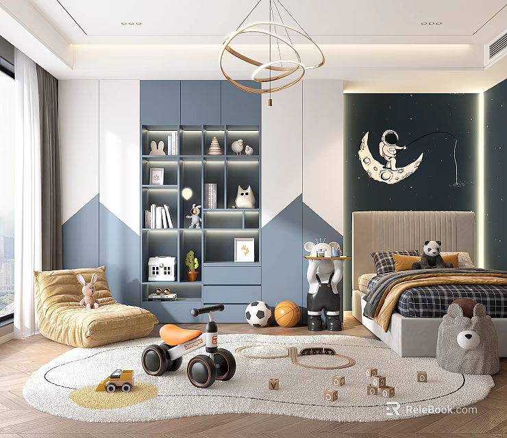 Modern Kids Room With Toys Astronaut Mural And Bookshelves 3d model 