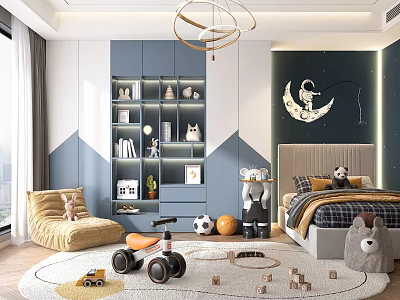 Modern Kids Room With Toys Astronaut Mural And Bookshelves 3d model