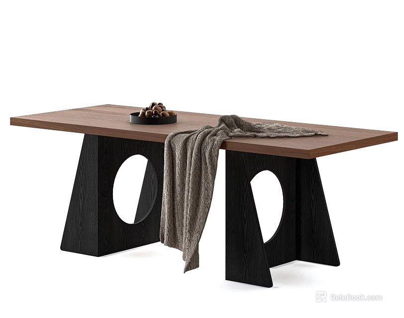 Modern Wooden Dining Table with Black Hollowed Legs Black Tray Nuts and Gray Blanket 3d model 
