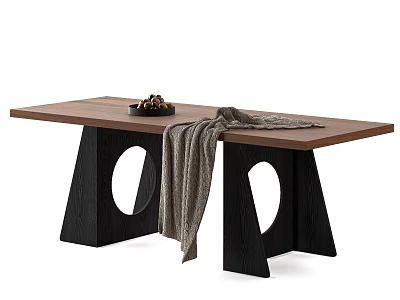 Modern Wooden Dining Table with Black Hollowed Legs Black Tray Nuts and Gray Blanket 3d model