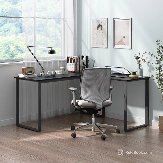 Modern Home Office Desk With Ergonomic Chair Desk Lamp Books Laptop And Potted Plant 3d model 