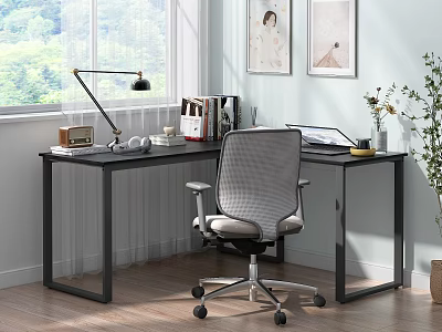Modern Home Office Desk With Ergonomic Chair Desk Lamp Books Laptop And Potted Plant 3d model
