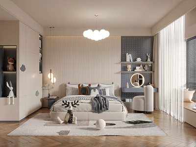 Modern Kids Room Interior Design With Cloud Chandelier Bed Pillows Storage Shelves And Stuffed Toys 3d model