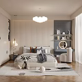 Modern Kids Room Interior Design With Cloud Chandelier Bed Pillows Storage Shelves And Stuffed Toys