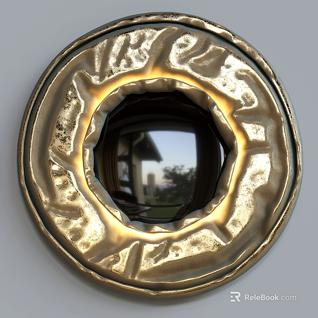 Golden Circular Wall Decor With Ornate Frame Mirror Reflecting Outdoor View 3d model 
