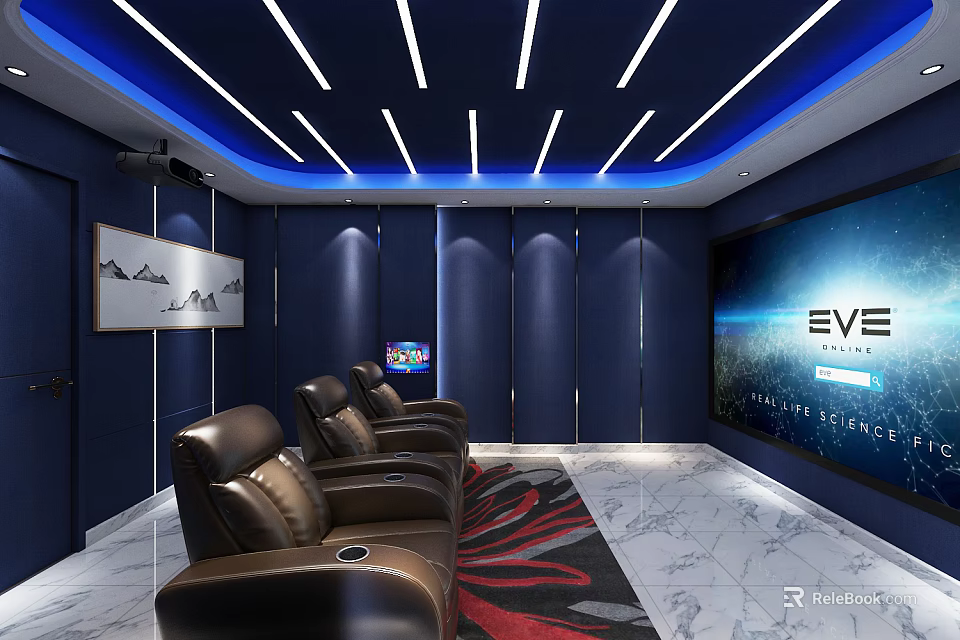 Modern Home Theater Room Interior Featuring Blue Walls Ceiling Light Strips Large Screen And Leather Sofas 3d model 