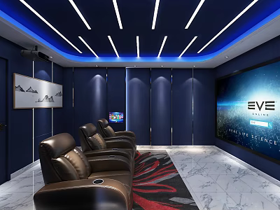 Modern Home Theater Room Interior Featuring Blue Walls Ceiling Light Strips Large Screen And Leather Sofas 3d model
