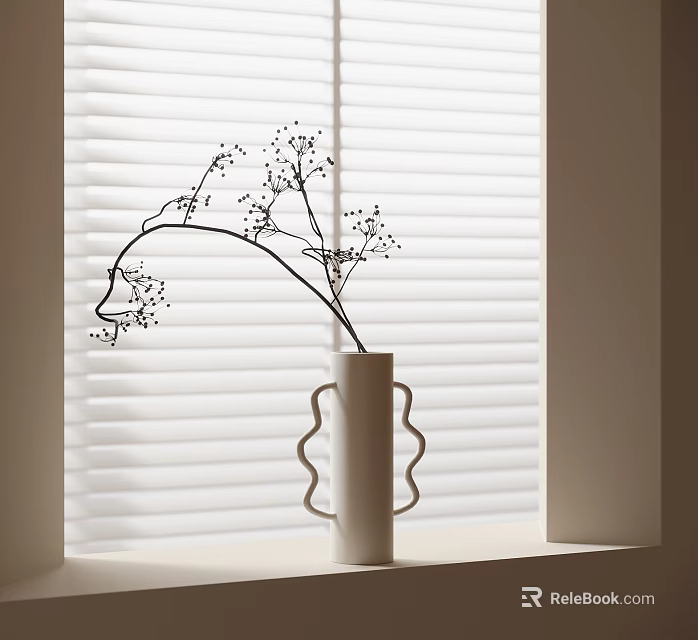 White Minimalist Vase With Delicate Floral Branches On Windowsill Against White Blinds And Black Buds 3d model 