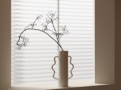 White Minimalist Vase With Delicate Floral Branches On Windowsill Against White Blinds And Black Buds 3d model
