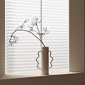 White Minimalist Vase With Delicate Floral Branches On Windowsill Against White Blinds And Black Buds