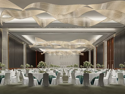 Elegant Banquet Hall With White Tables Chairs Green Tablecloths Flower Arrangements And Wavy Ceiling Lights 3d model