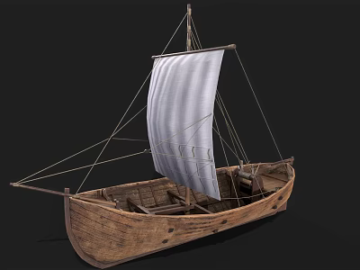 Traditional Wooden Sailing Boat With White Sail And Wooden Hull Design 3d model