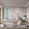 Cute Kids Room Interior With Moon Stars Wallpaper Animal Motifs Bed Desk Chair And Wardrobe