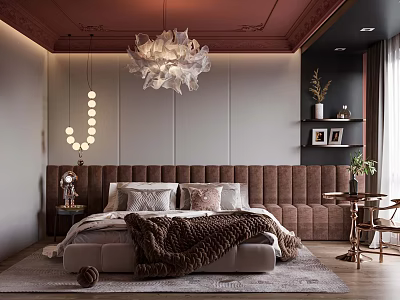 Elegant Bedroom Interior Design Featuring Padded Headboard Chandelier Area Rug And Wooden Nightstand 3d model