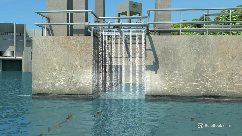 Flowing Water From Concrete Structure With Metal Railings And Calm Surface 3d model 