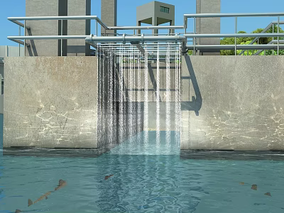 Flowing Water From Concrete Structure With Metal Railings And Calm Surface 3d model