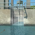 Flowing Water From Concrete Structure With Metal Railings And Calm Surface