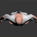 Human Figure Sculpture in Polka Dot Hospital Gown with Bald Head Standing on Gray Background