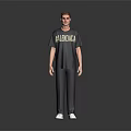 A man wearing black BARCELONA T-shirt gray pants and white shoes against gray background