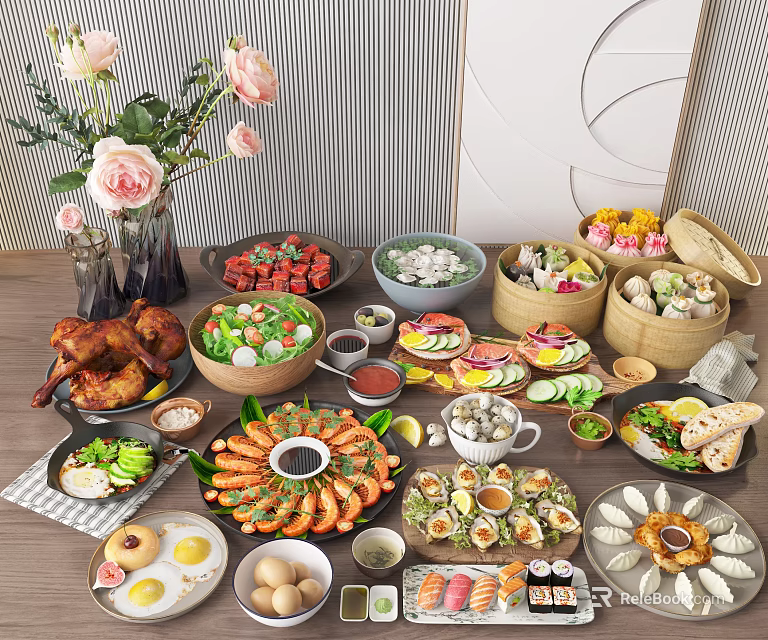 Delicious Assorted Food Spread With Fresh Seafood Grilled Chicken Vegetables Dim Sum Sushi And Flowers 3d model 