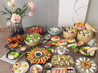 Delicious Assorted Food Spread With Fresh Seafood Grilled Chicken Vegetables Dim Sum Sushi And Flowers 3d model