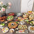 Delicious Assorted Food Spread With Fresh Seafood Grilled Chicken Vegetables Dim Sum Sushi And Flowers