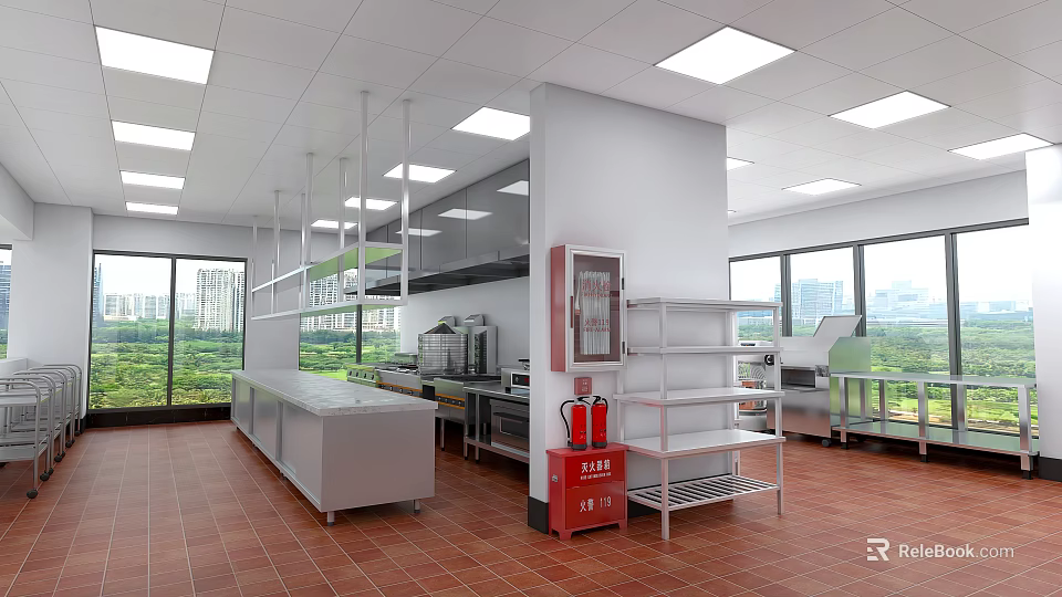 Commercial Kitchen Interior With Stainless Steel Worktables Shelves Windows And Ceiling Lights 3d model 