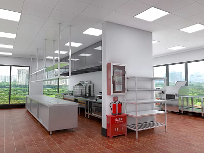 Commercial Kitchen Interior With Stainless Steel Worktables Shelves Windows And Ceiling Lights 3d model