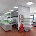 Commercial Kitchen Interior With Stainless Steel Worktables Shelves Windows And Ceiling Lights