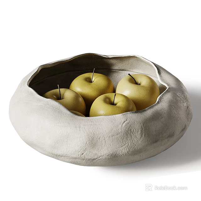 Several Yellow Apples in Round White Ceramic Bowl with Textured Surface 3d model