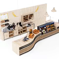 Modern Reception Desk Design With Wooden Counter Hanging Lamps And Display Shelves