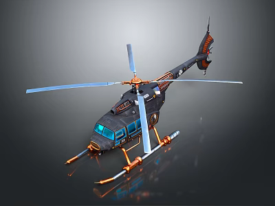 Detailed Helicopter Model With Blue Rotors Black Fuselage And Orange Accents 3d model