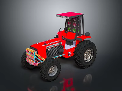 Red Farm Tractor With Cab Large Black Tires And Decorative Front Design 3d model