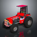 Red Farm Tractor With Cab Large Black Tires And Decorative Front Design