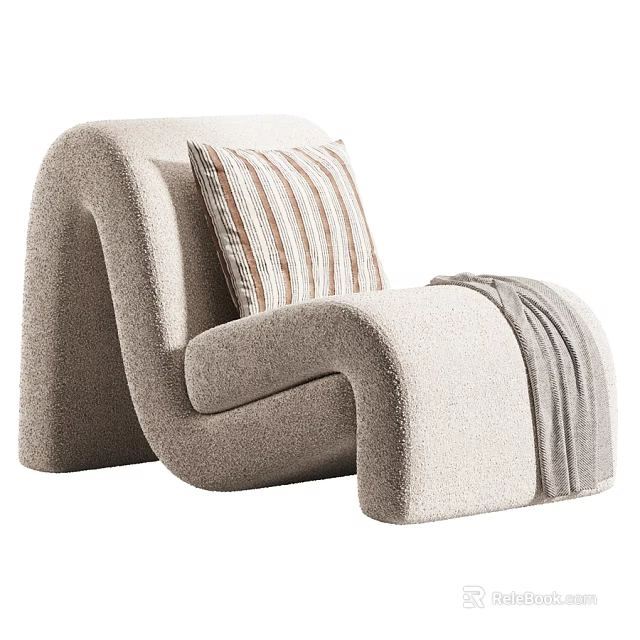 Plush Beige Accent Chair With Curved Design And Striped Cushion Throw Blanket 3d model 