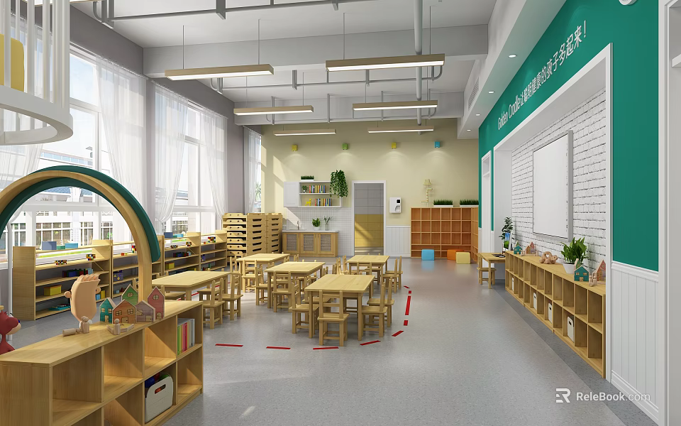 Modern Kindergarten Classroom Spacious Open Layout With Wooden Tables Chairs Bookshelves Green Plants And Windows 3d model 