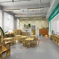 Modern Kindergarten Classroom Spacious Open Layout With Wooden Tables Chairs Bookshelves Green Plants And Windows