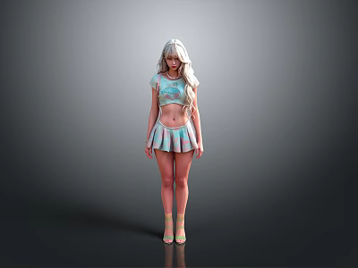 A Woman With Long Blonde Hair Wearing Light Blue Crop Top Short Skirt And Heels 3d model