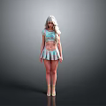 A Woman With Long Blonde Hair Wearing Light Blue Crop Top Short Skirt And Heels