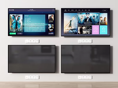 Modern Wall Mounted Smart Televisions Displaying Streaming Interfaces And Movie Posters 3d model