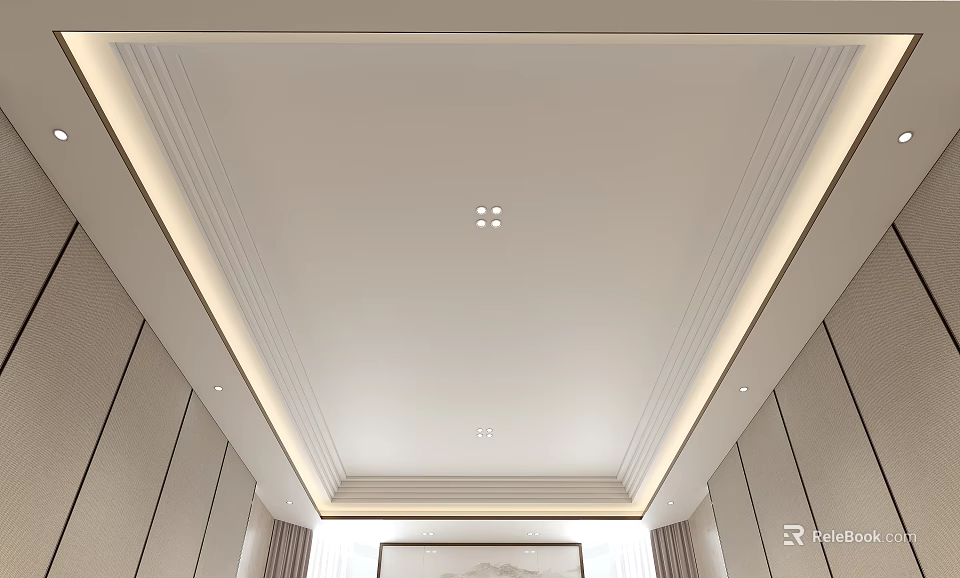 Modern Ceiling Design With Gypsum Cornice Recessed Downlights And LED Strip 3d model 