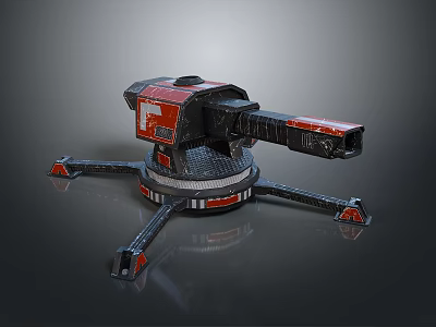 Red And Black Mechanical Device With Cannon Like Barrel And Base Stand Structure 3d model