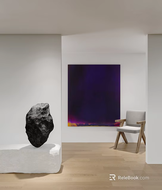 Abstract Painting with Purple Tones in Minimalist Interior with Gray Chair and Black Stone Sculpture 3d model 