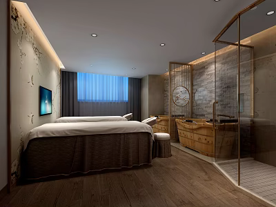 Luxury SPA Sauna Interior With Massage Bed Wooden Bathtub And Stone Wall 3d model