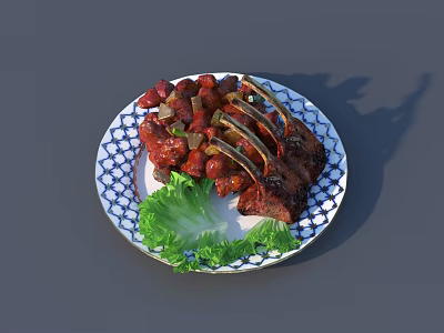 Savory Spare Ribs With Red Sauce On Blue And White Patterned Plate And Green Lettuce 3d model