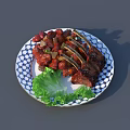 Savory Spare Ribs With Red Sauce On Blue And White Patterned Plate And Green Lettuce