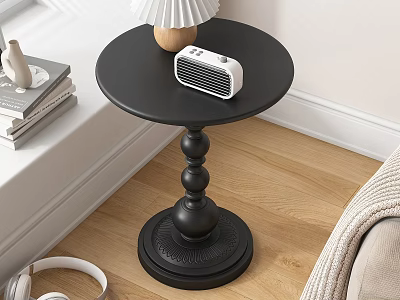 Black Round Side Table With Decorative Pedestal Base Accent Speaker Lamp In Cozy Living Space 3d model