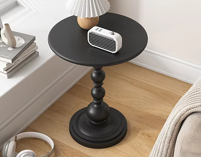 Black Round Side Table With Decorative Pedestal Base Accent Speaker Lamp In Cozy Living Space 3d model